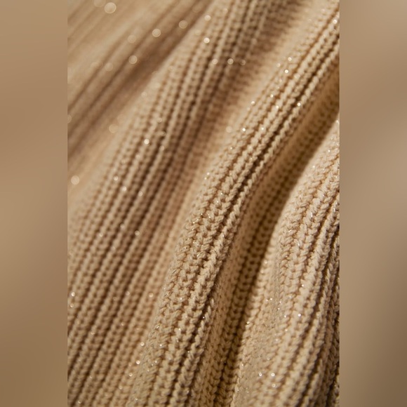 NWT Boston Proper Cold-Shoulder Lurex Cowl-Neck Sweater Dress Tan Gold Medium - Picture 4 of 15